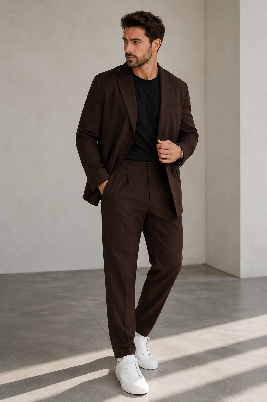 Slim fit men's suit set featuring a structured blazer with pointed lapels and matching straight trousers