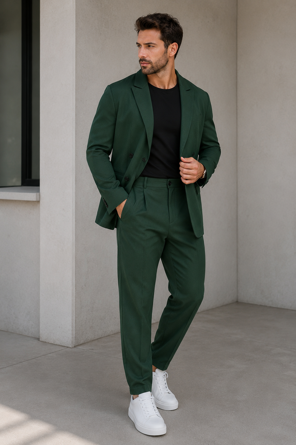 Two-piece men's suit with tailored lapel blazer and full-length straight trousers in woven material