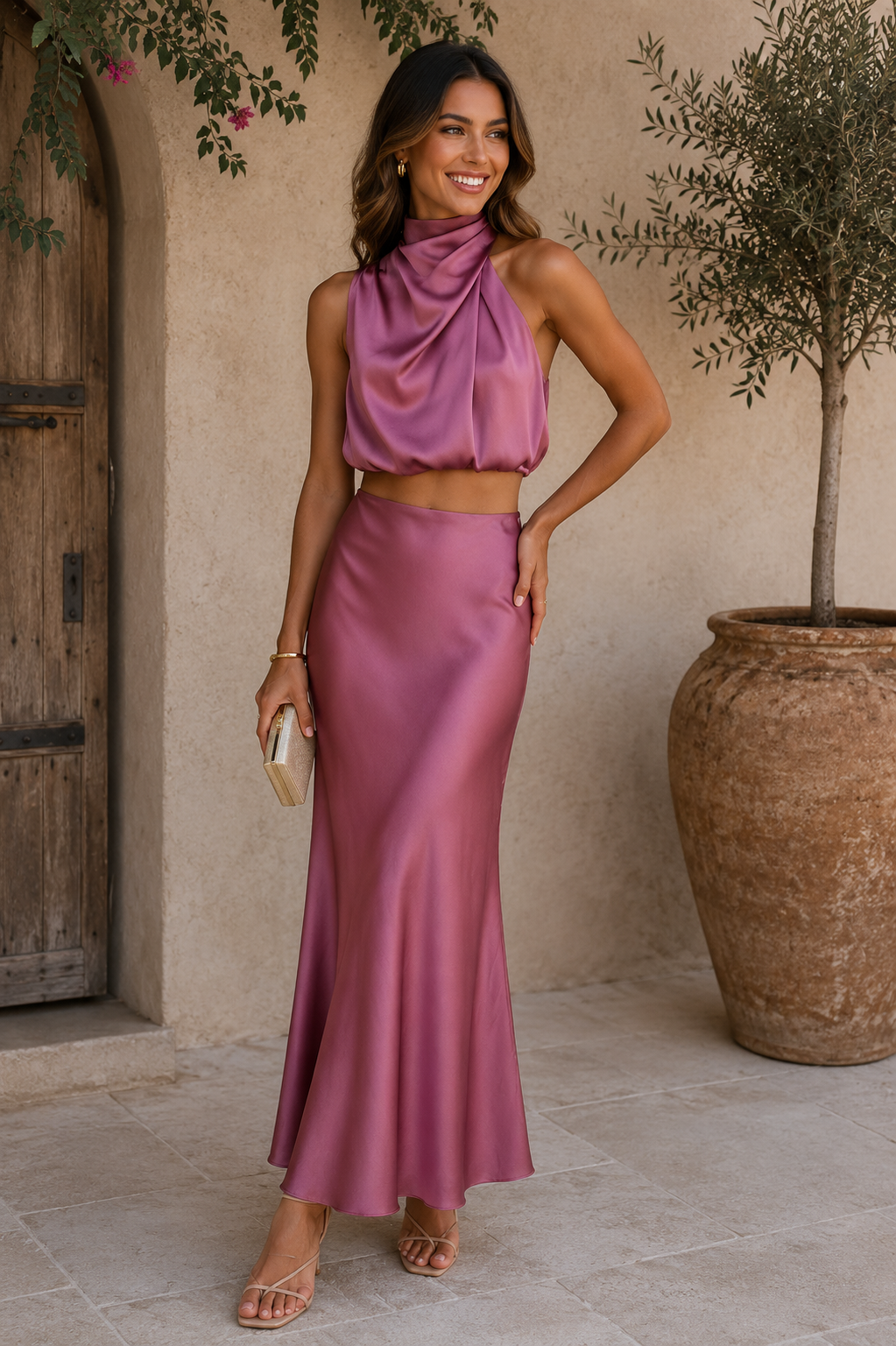 Women's Halterneck Satin Top and Skirt Set