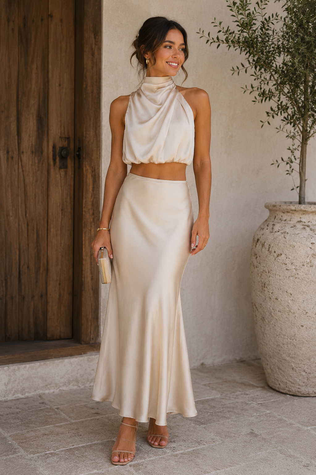 Women's Halterneck Satin Top and Skirt Set