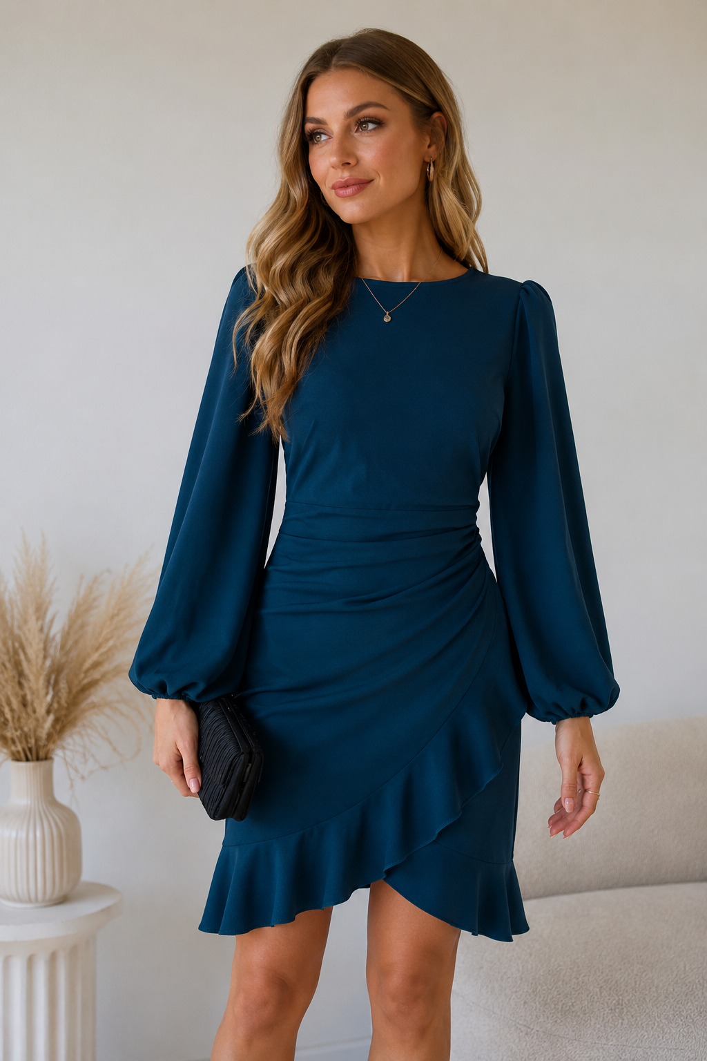 Women's woven long-sleeve midi dress with round neckline and defined waist