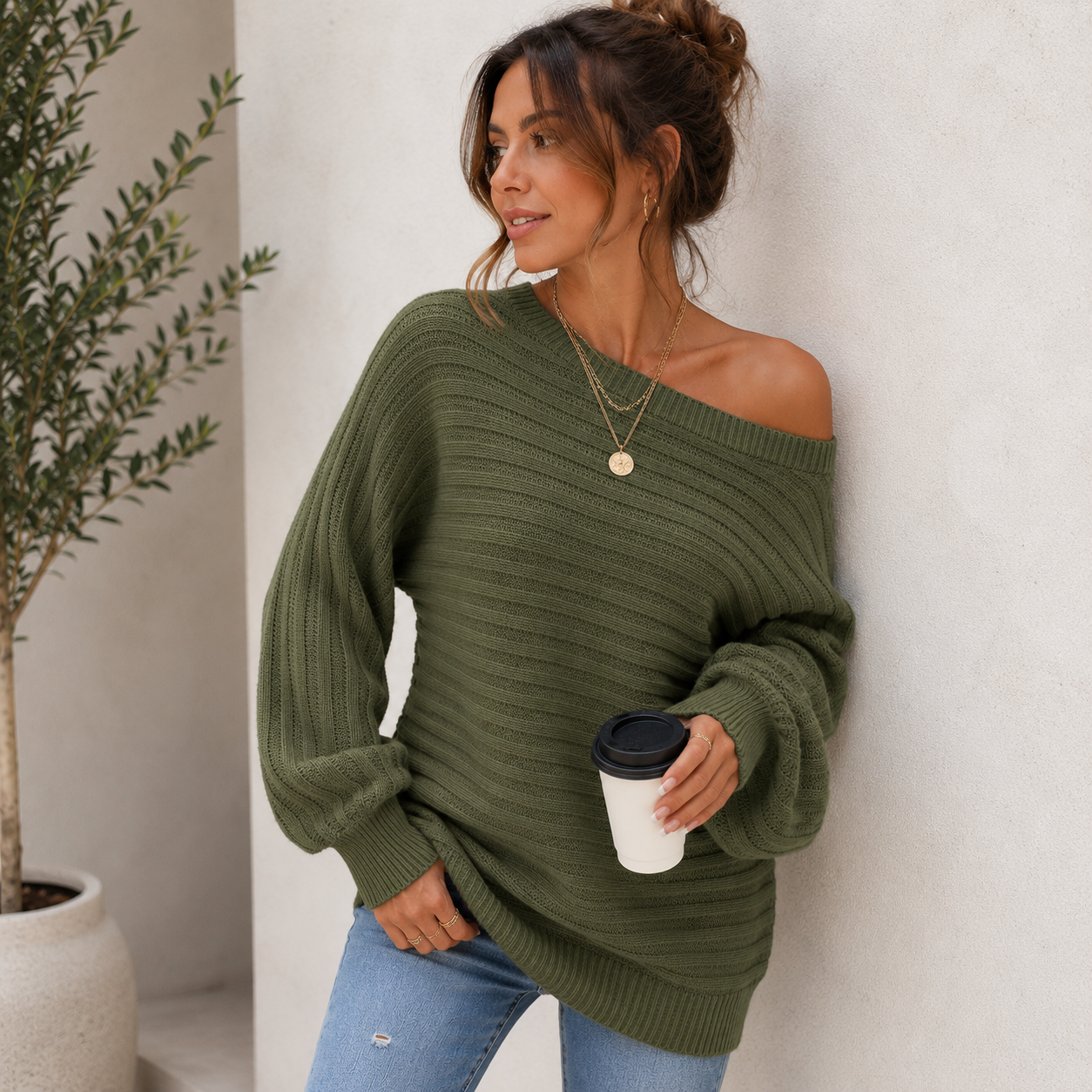 Women's Ribbed Off-Shoulder Sweater
