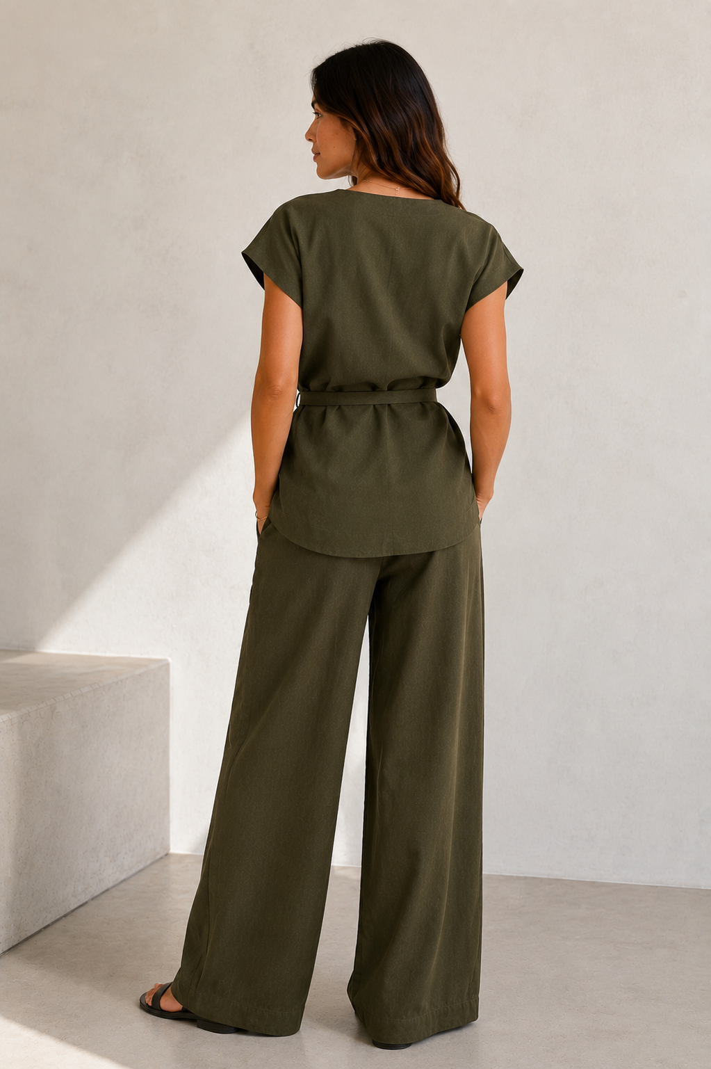 Women's woven fabric wrap top and wide-leg pants set with adjustable tie-waist