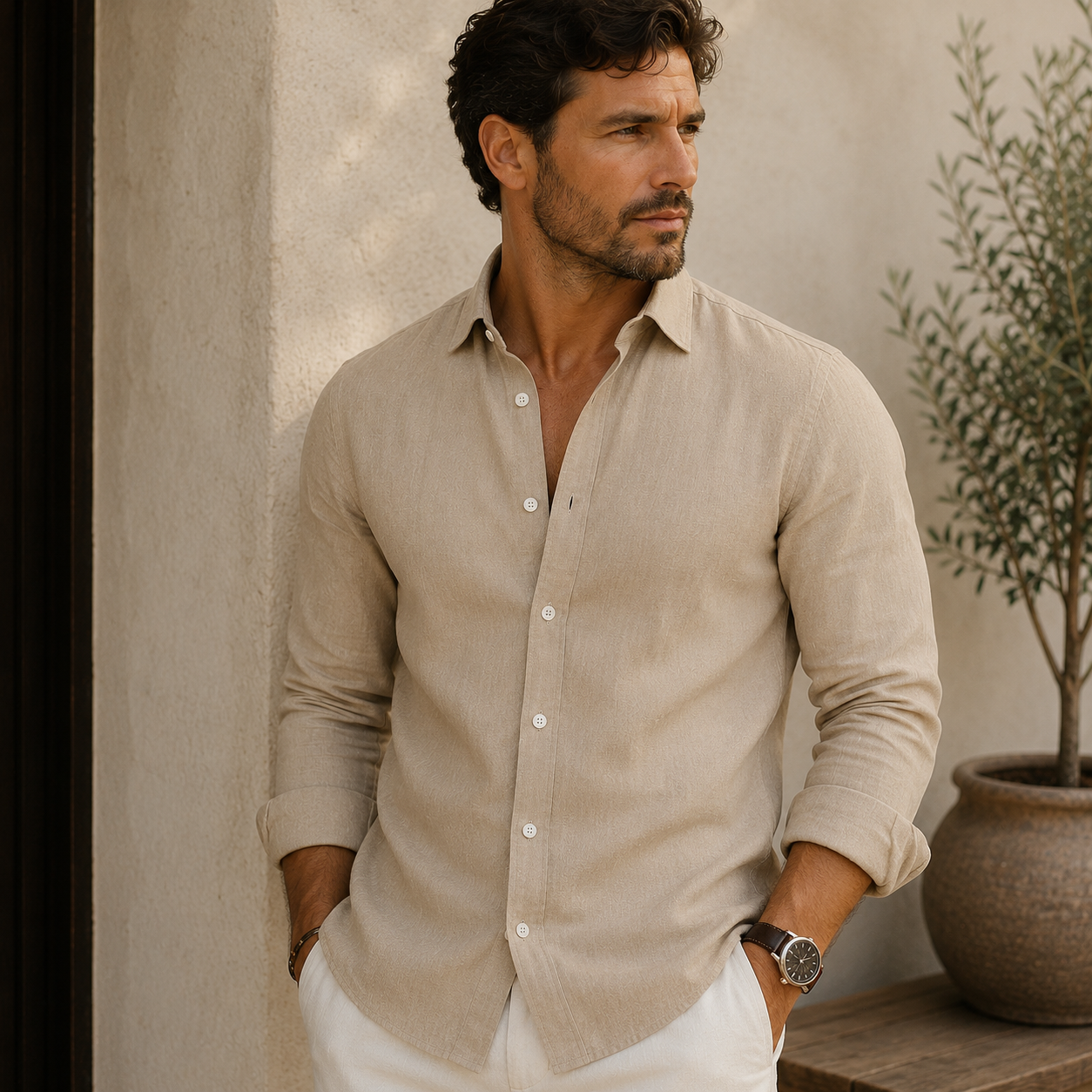 Men's slim fit cotton blend shirt, styled everyday look, slim silhouette