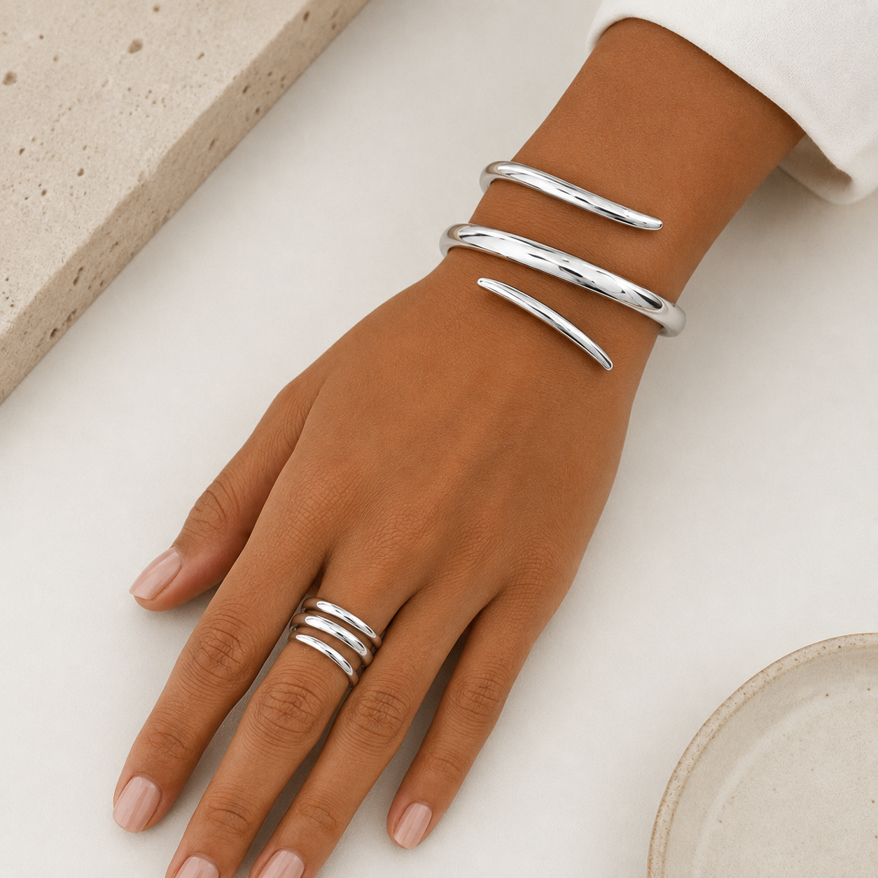 Metal alloy bracelet and ring set with open adjustable design for women
