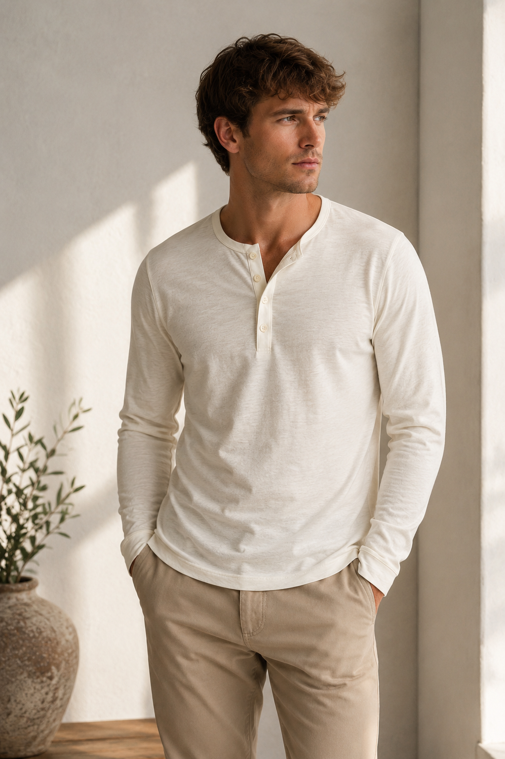 Men's long-sleeved Henley shirt with button placket, slim fit, front view