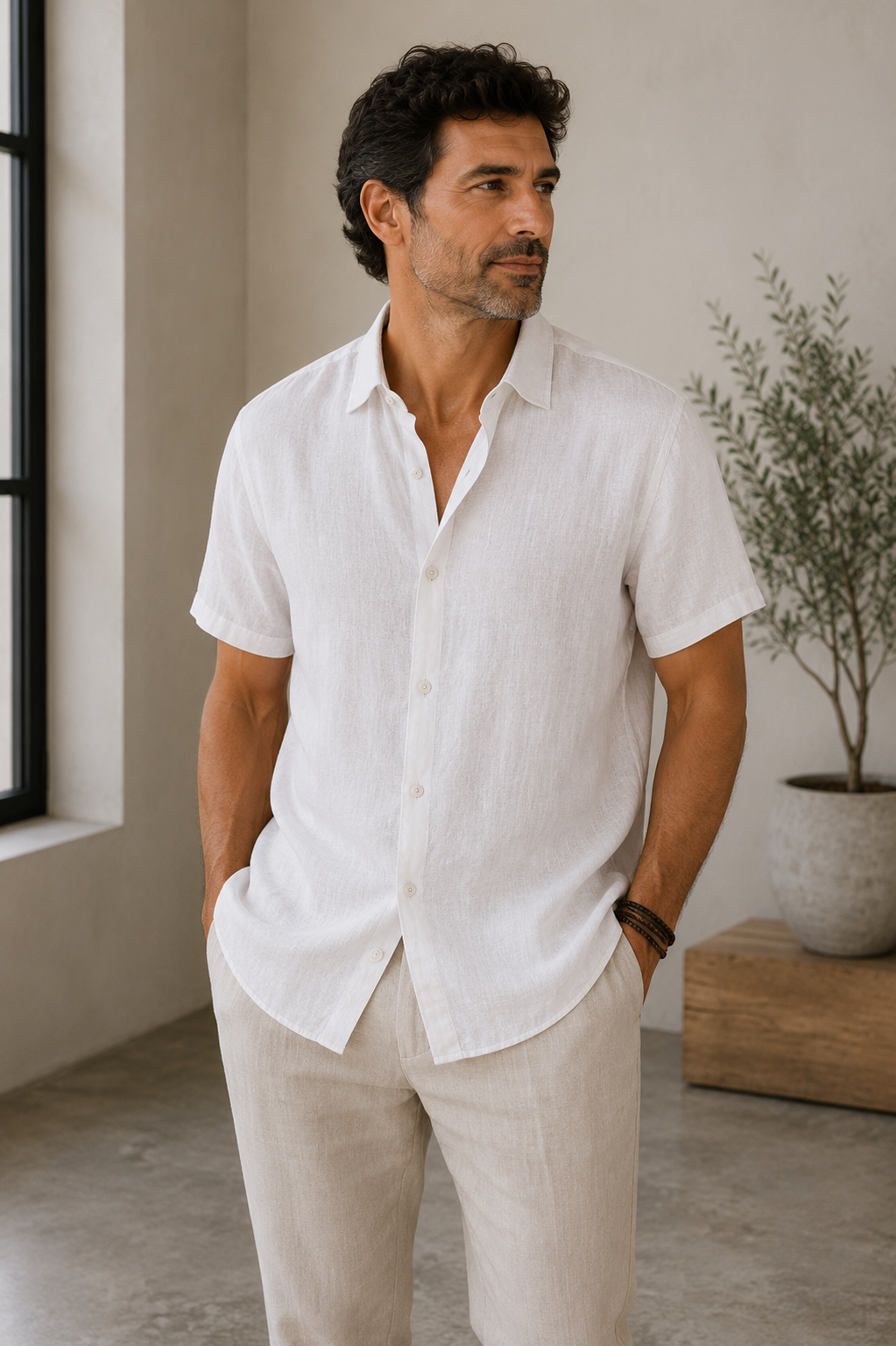 Men's short-sleeve woven shirt with button front and classic collar
