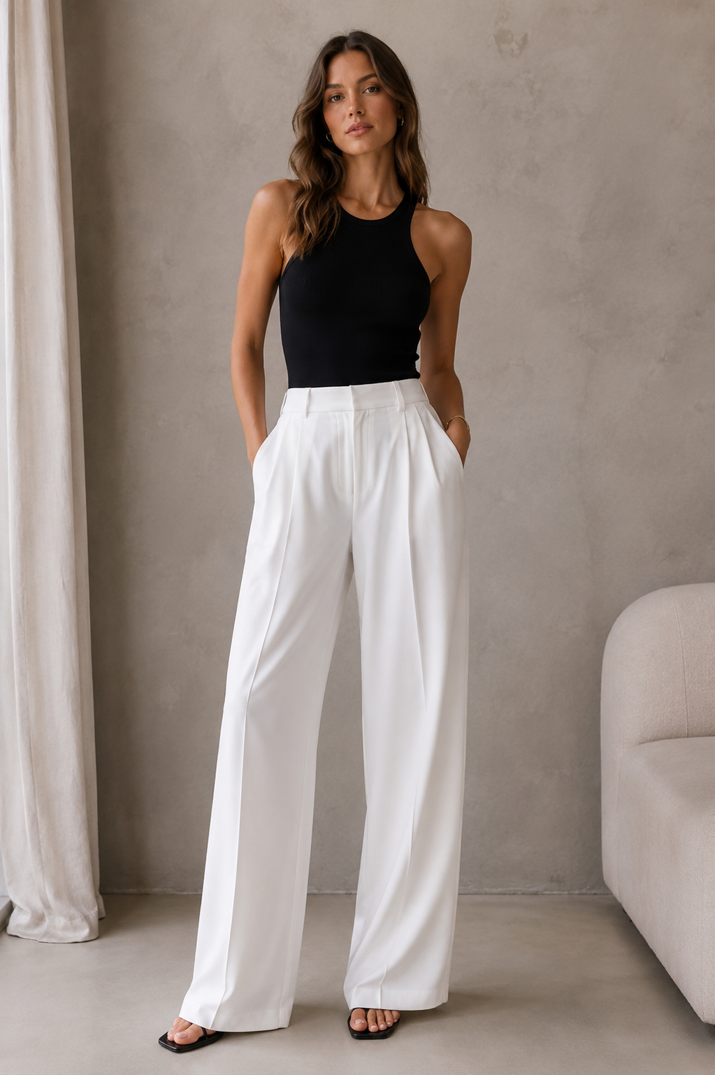 Women's high-waisted wide-leg trousers, full-length front view