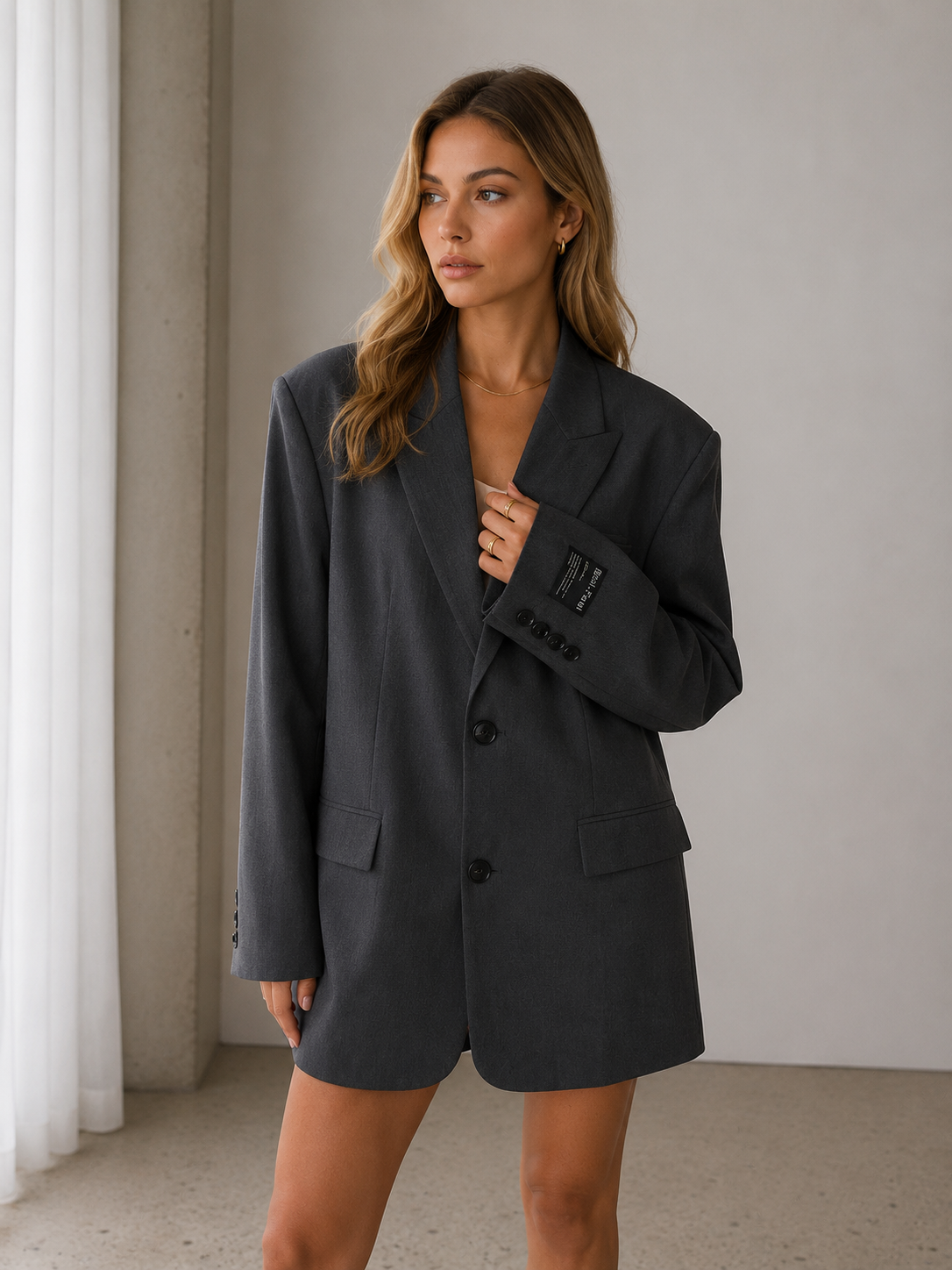 Women's oversized blazer coat with lapel collar and front button closure, full front view