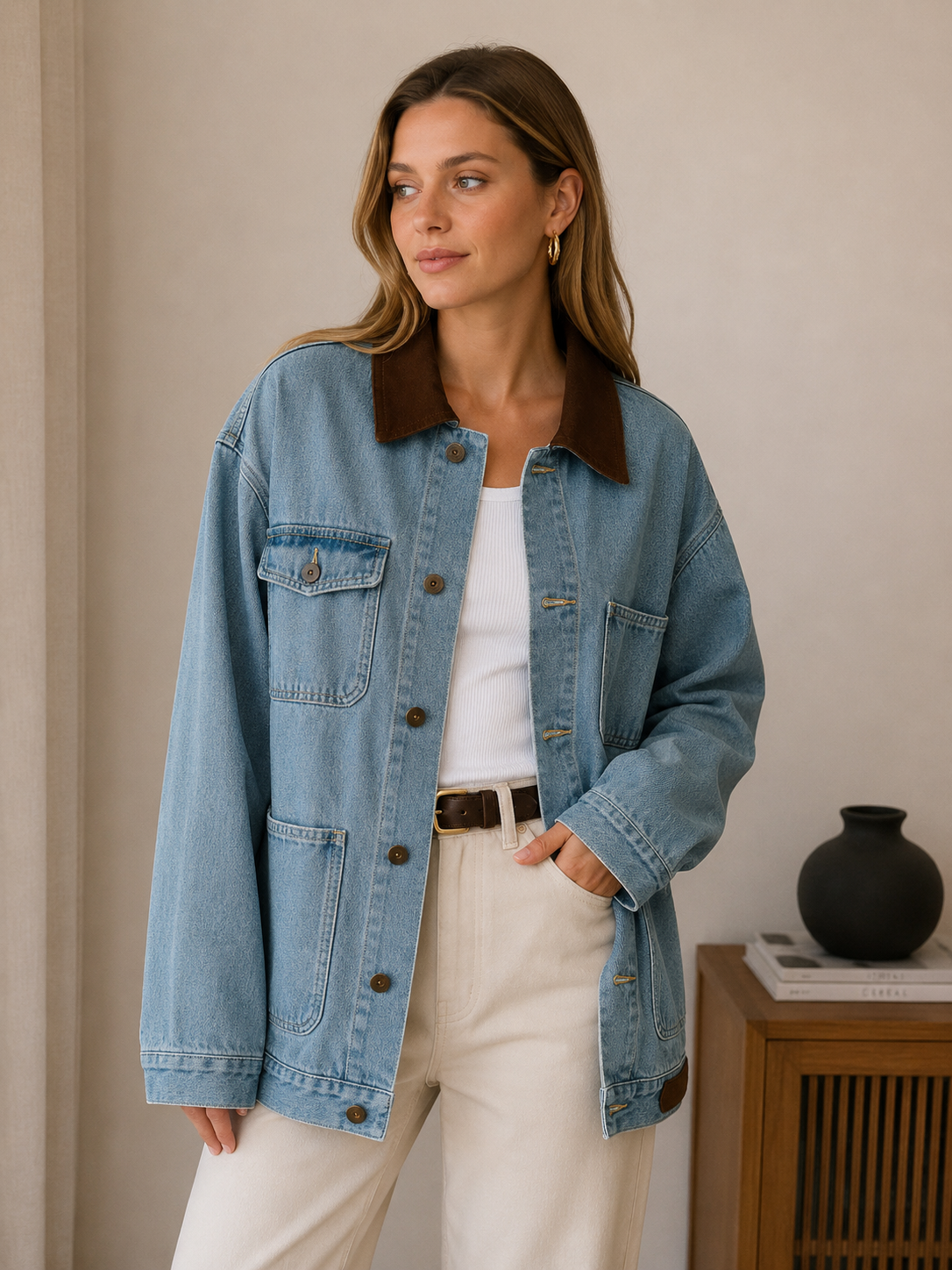 Denim button front jacket with contrast collar