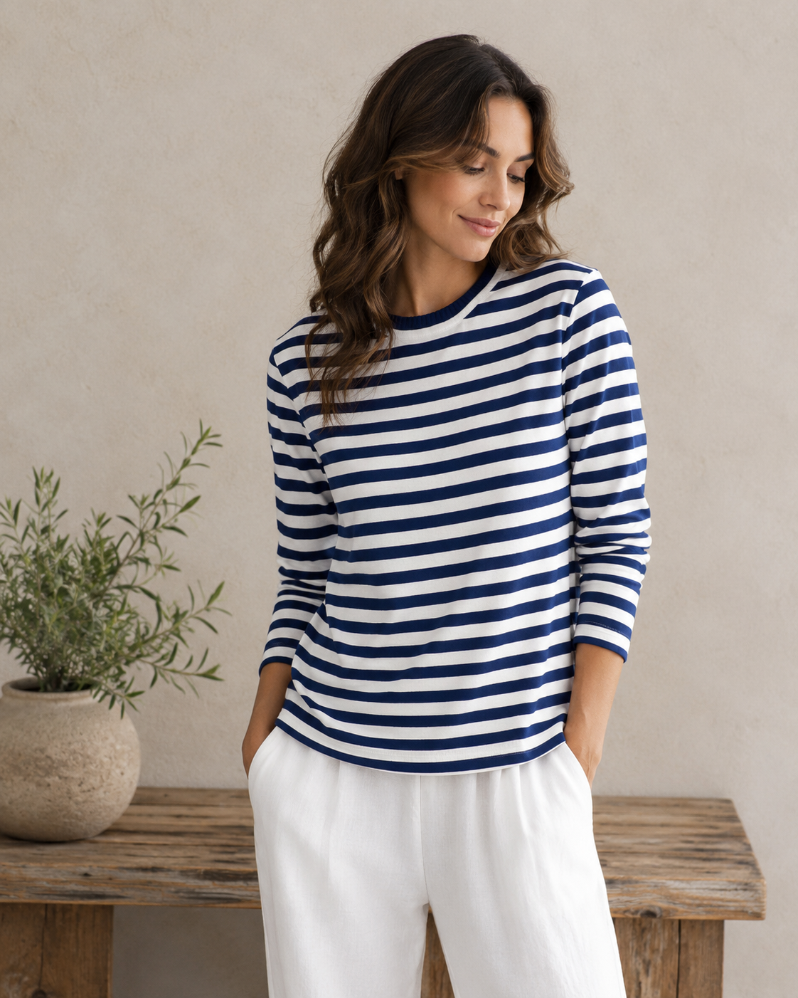 Long-sleeved striped knit top for women with clean seam finish