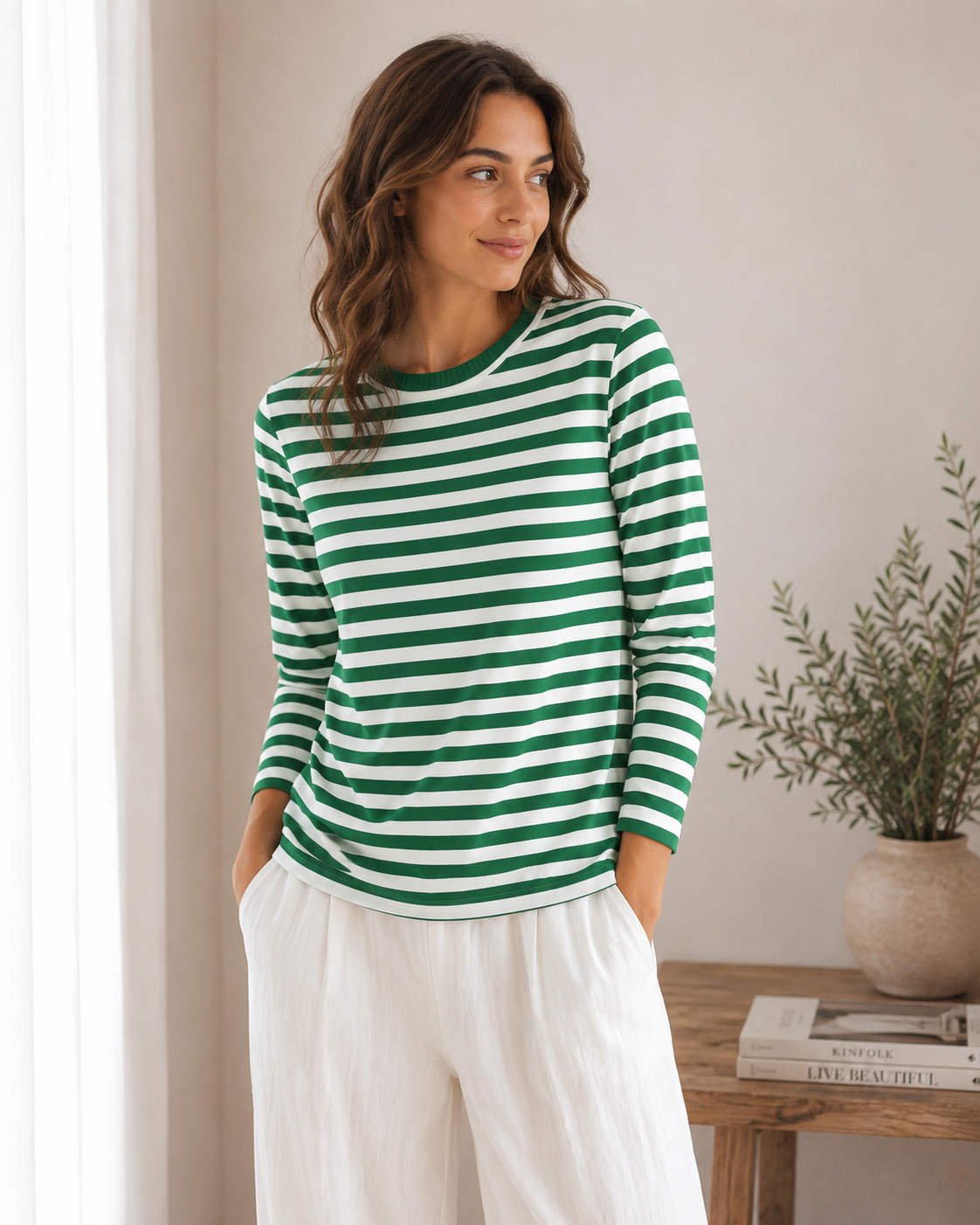 Striped knit top for women with straight hem and long sleeves