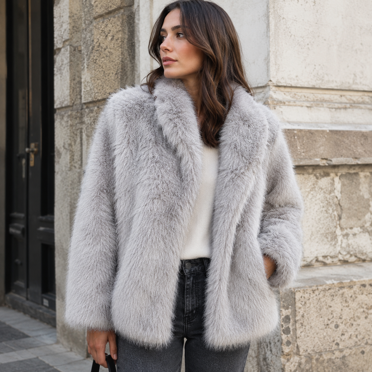 Side view of women's faux fur jacket showing relaxed silhouette and hip-length cut