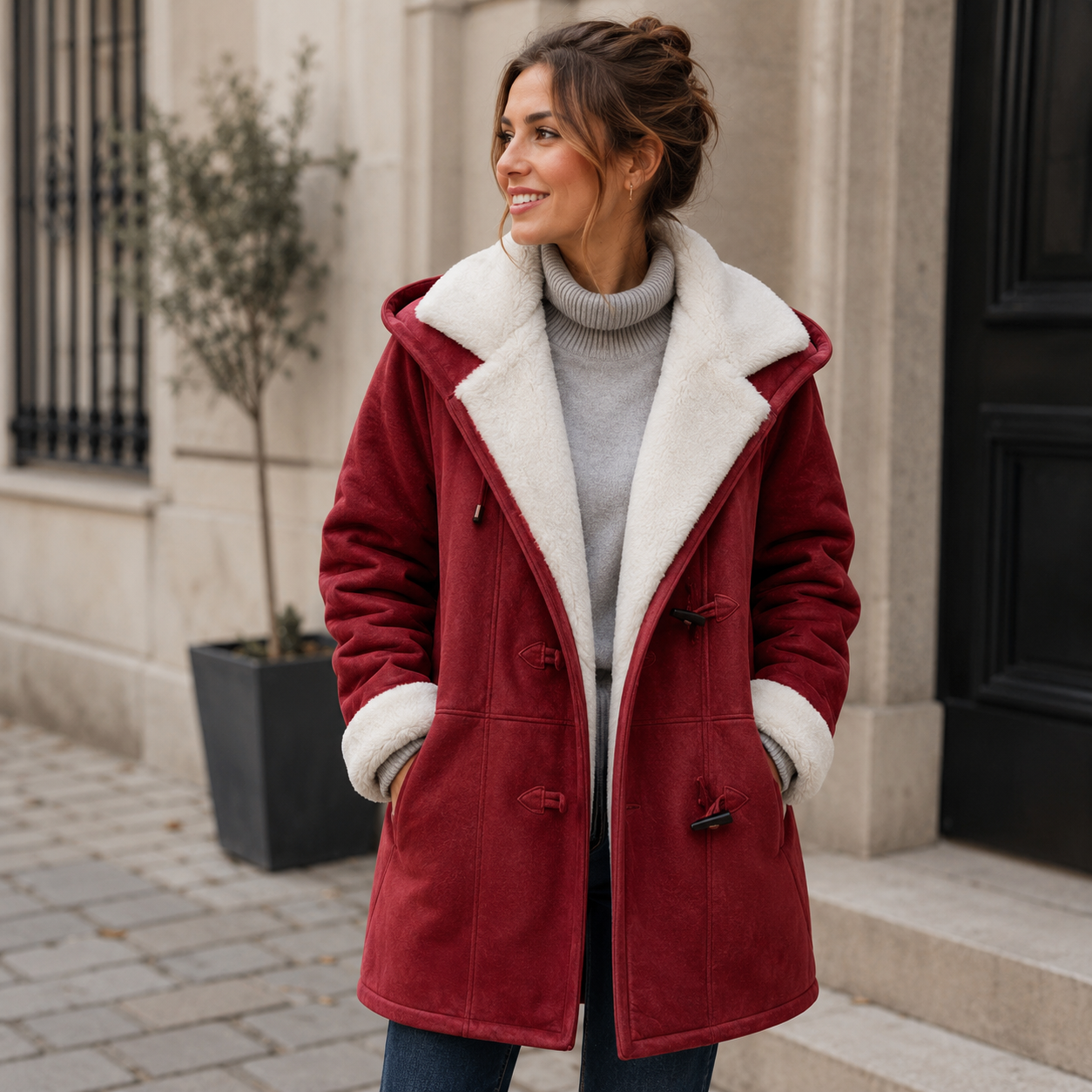 Mid-length women's woven jacket with contrasting lining and structured open collar