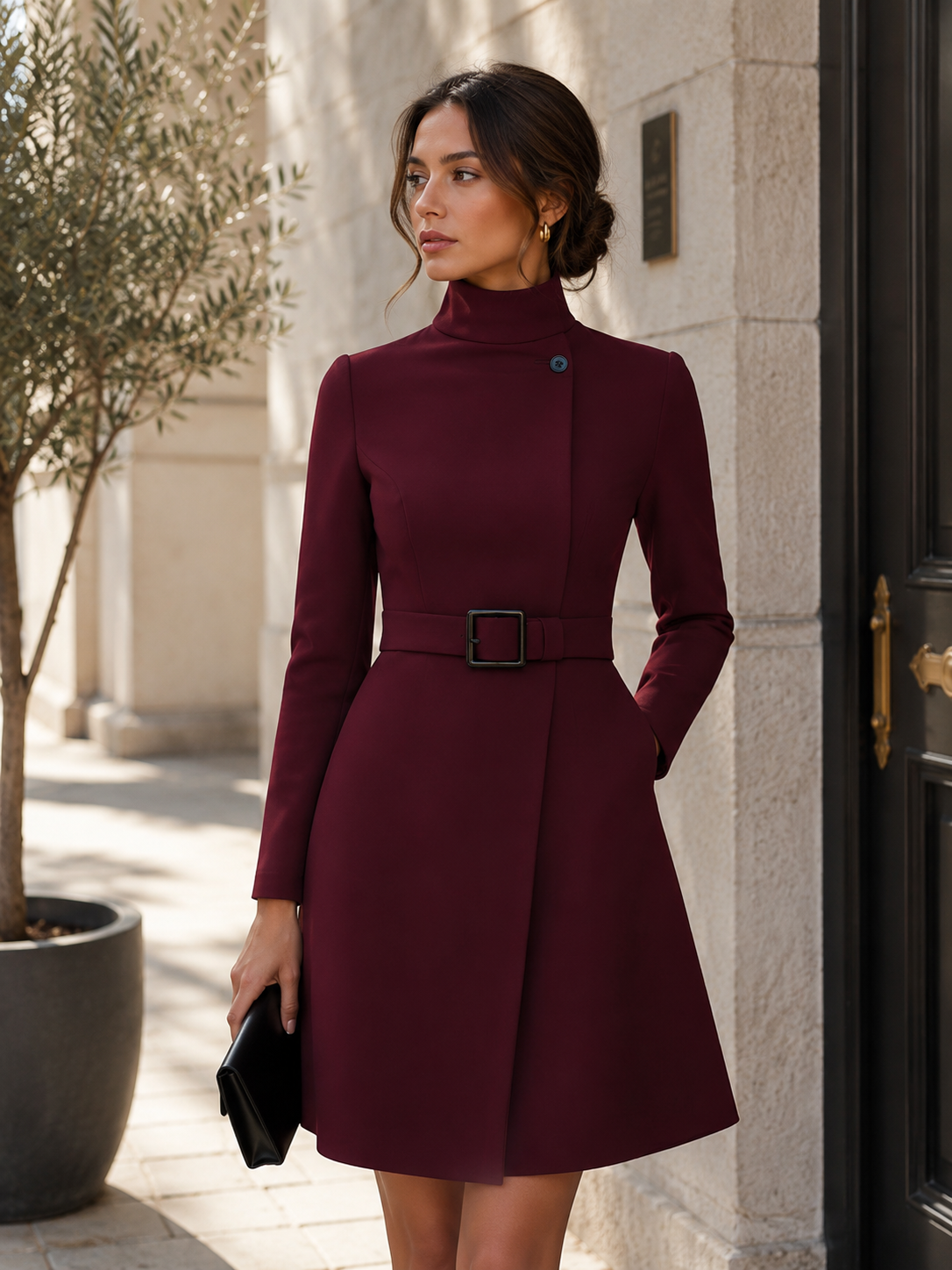 Long-sleeve turtleneck dress with adjustable waist belt, tailored fit for women