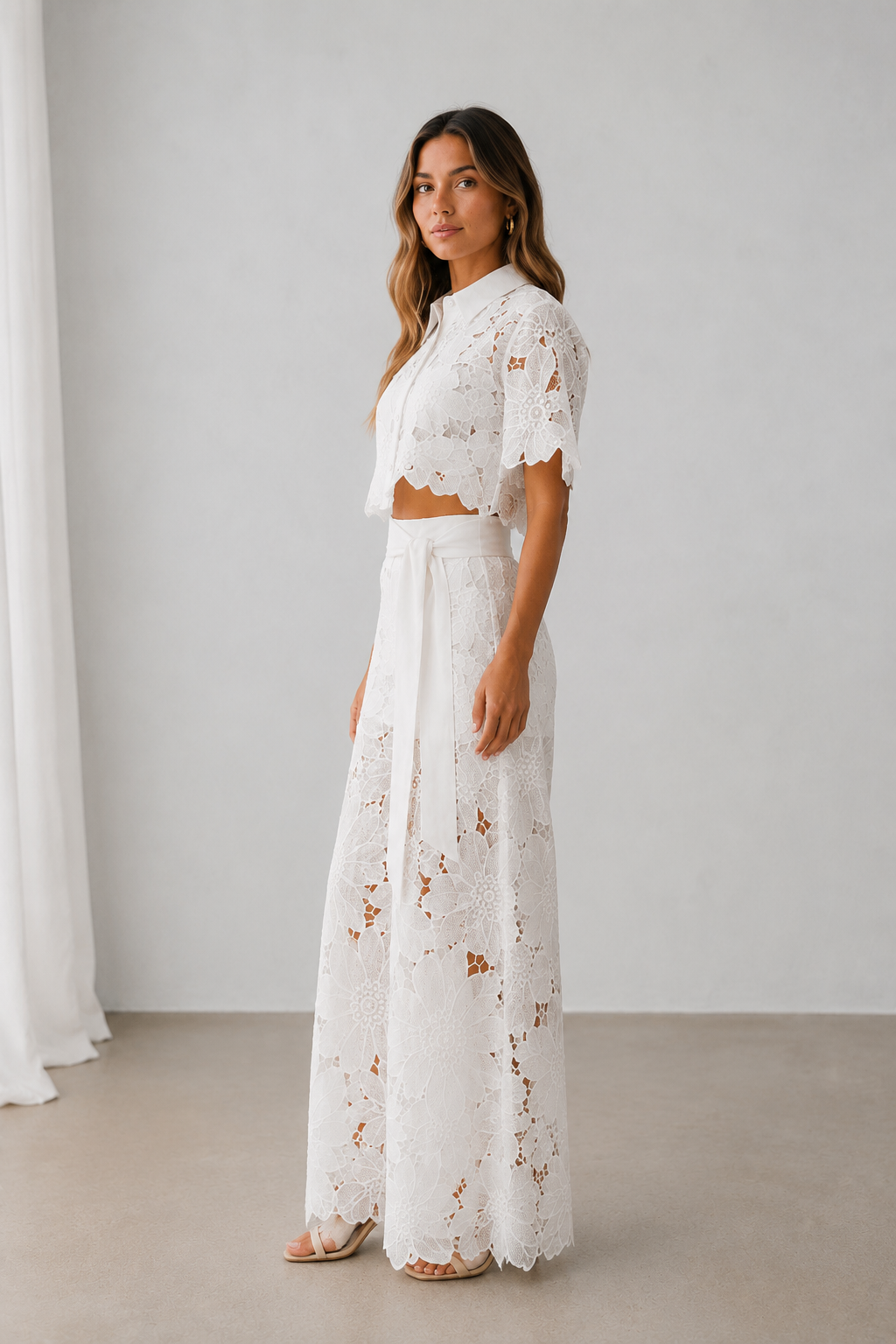 Women's lace two-piece set featuring a collared shirt with front buttons and full-length wide-leg trousers