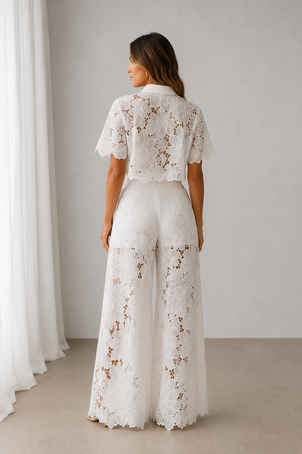 Women's lace two-piece set featuring a collared shirt with front buttons and full-length wide-leg trousers