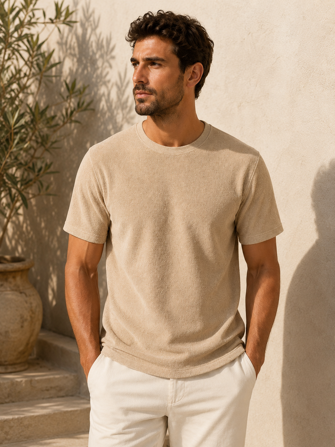 Front view of men's crew neck textured T-shirt