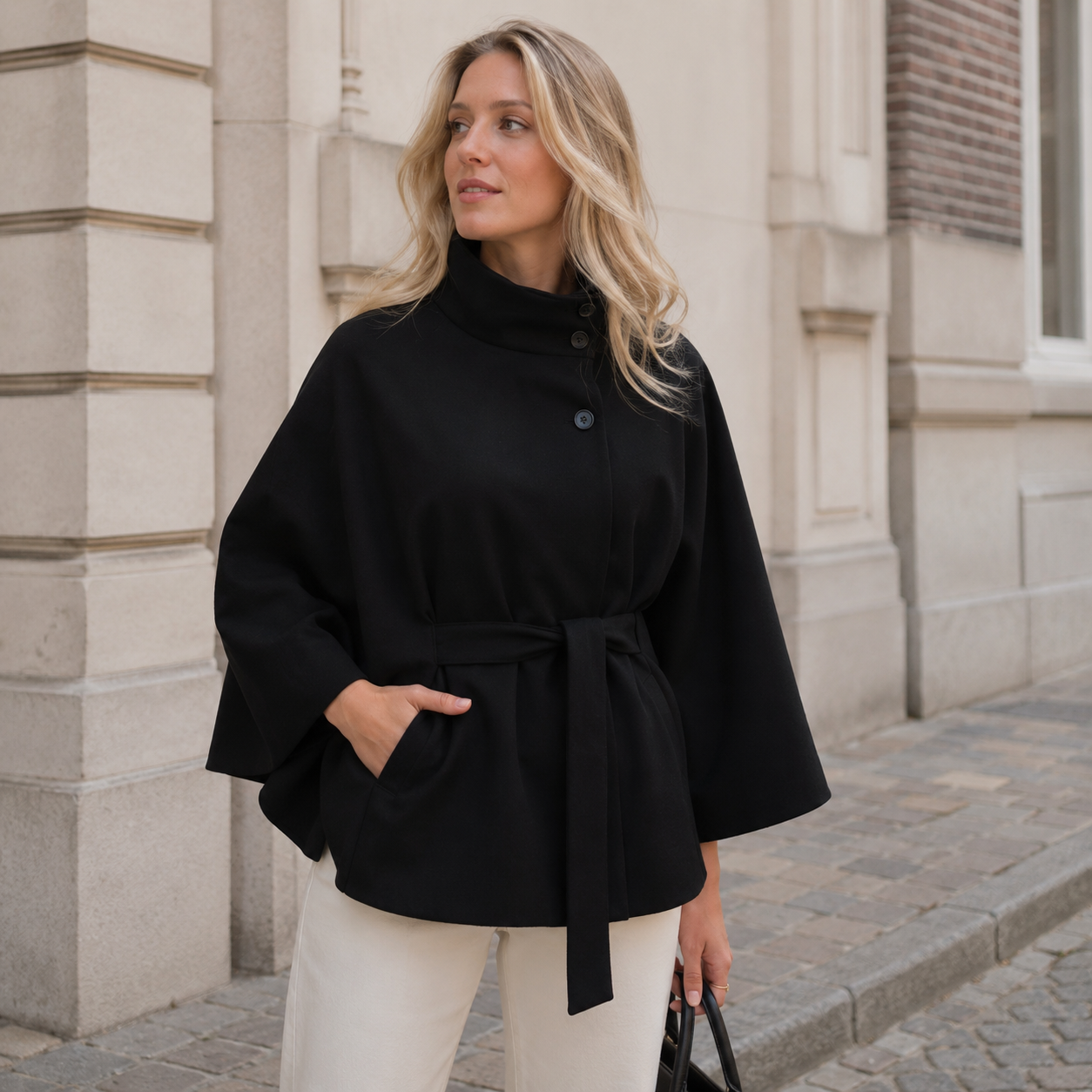 Front view of belted high neck cape coat for women
