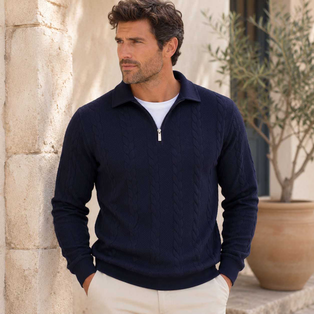 Men's collared knit pullover with textured pattern