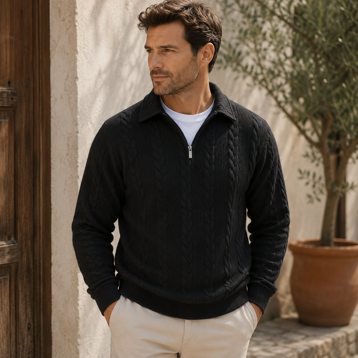 Quarter zip collar detail on knitted pullover