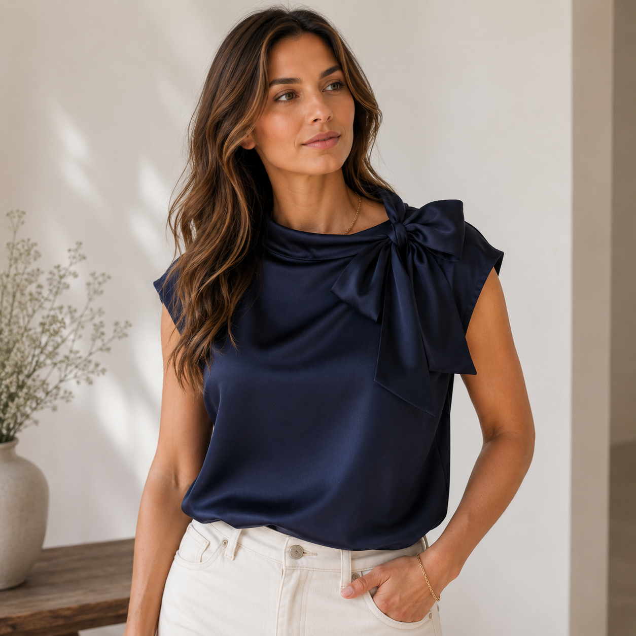 Cap sleeve satin blouse with round neckline