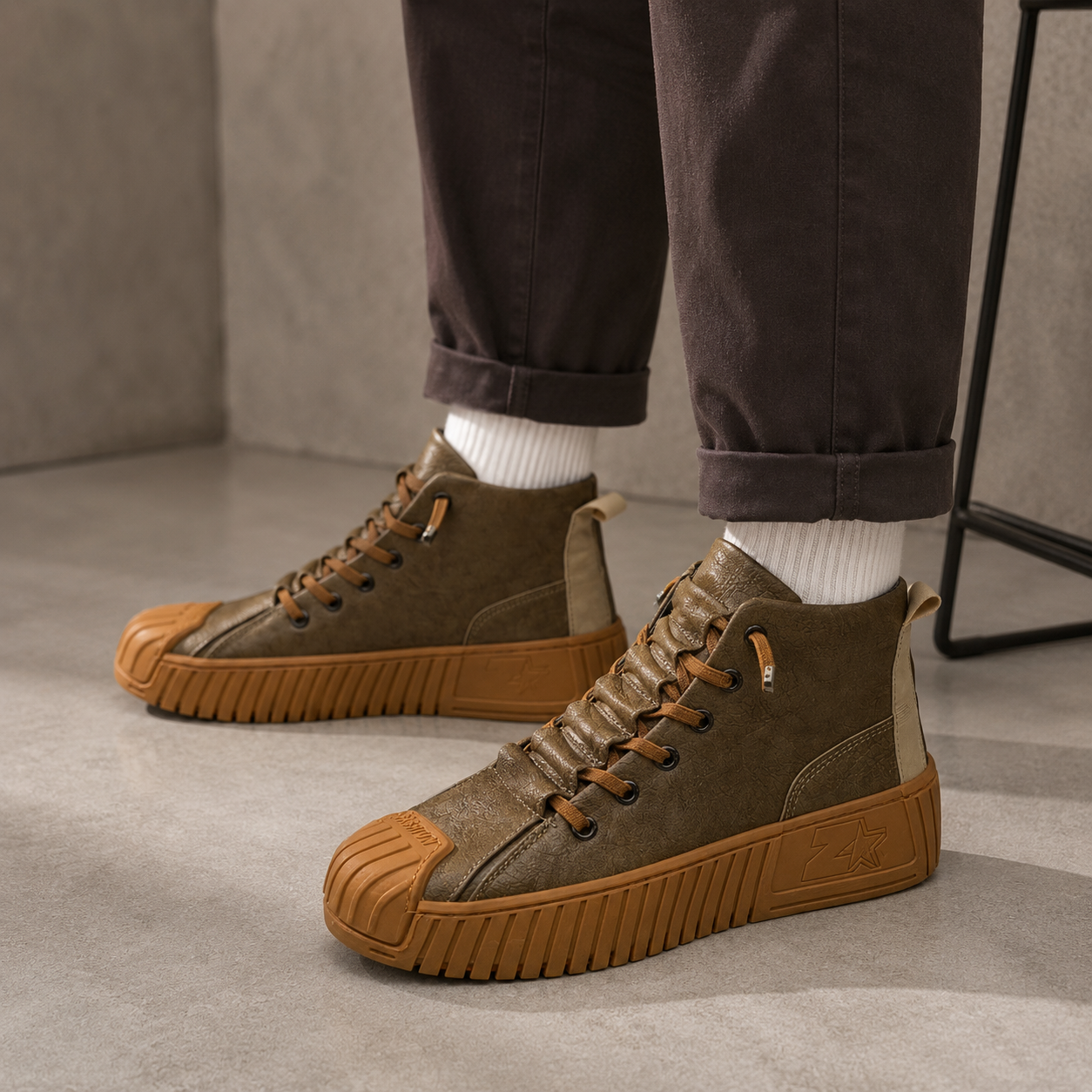 Men's high-top lace-up sneakers with padded upper panels and reinforced toe