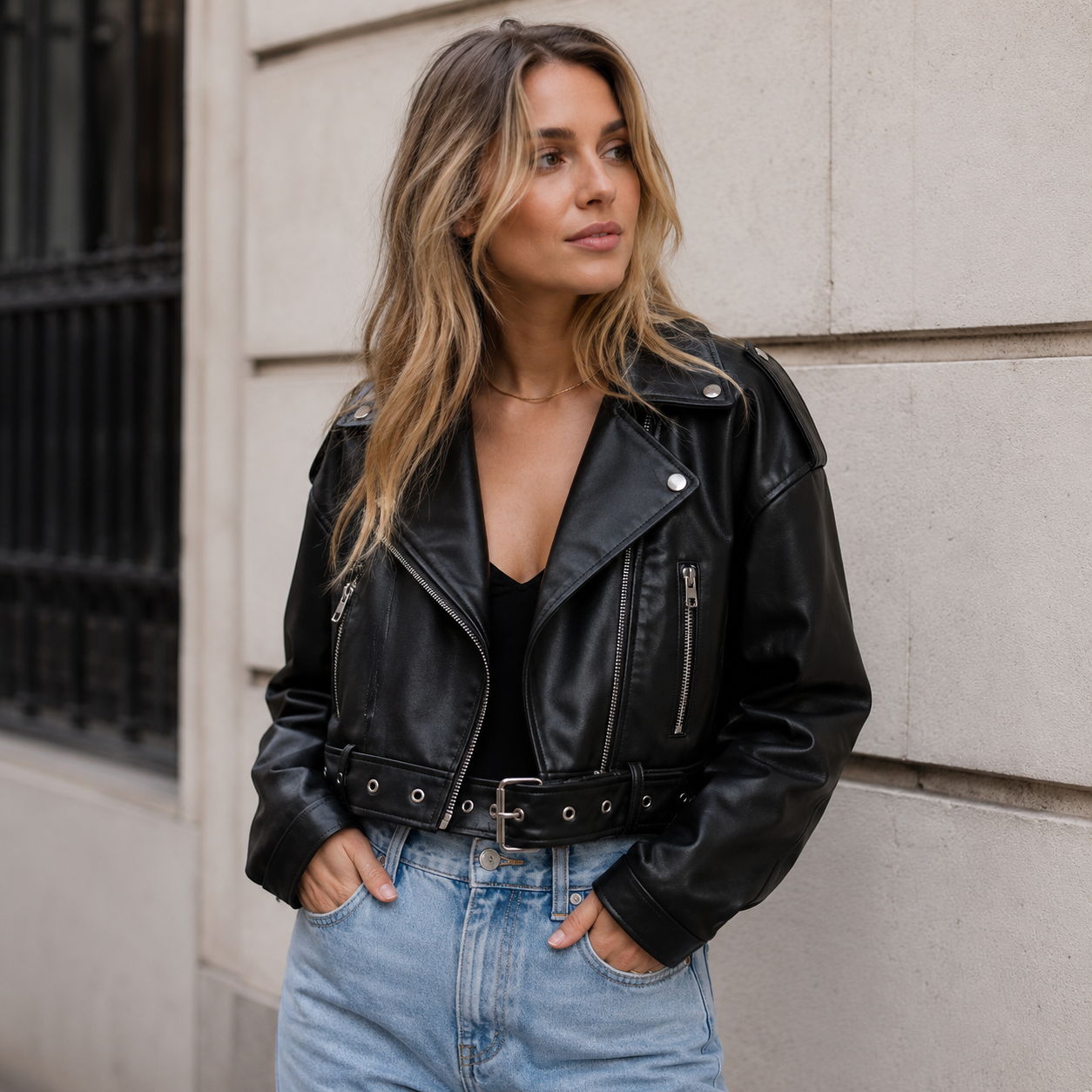 Faux leather jacket with notched lapel collar