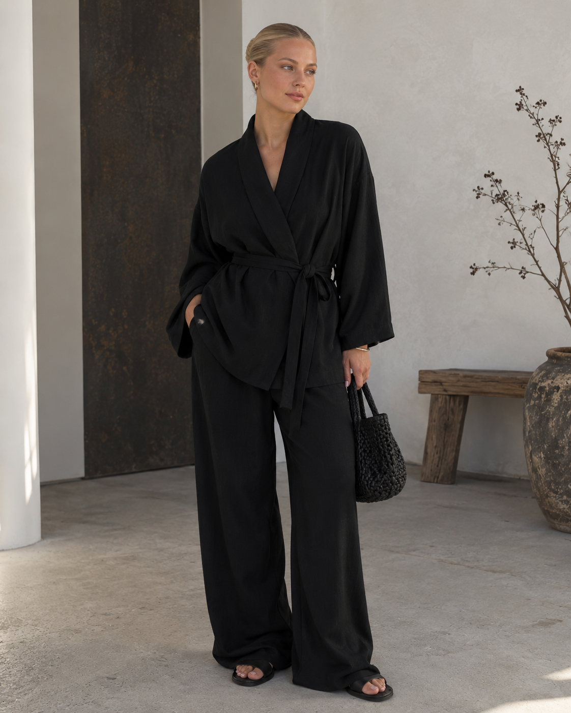 Women's set with wrap blouse and wide-leg trousers