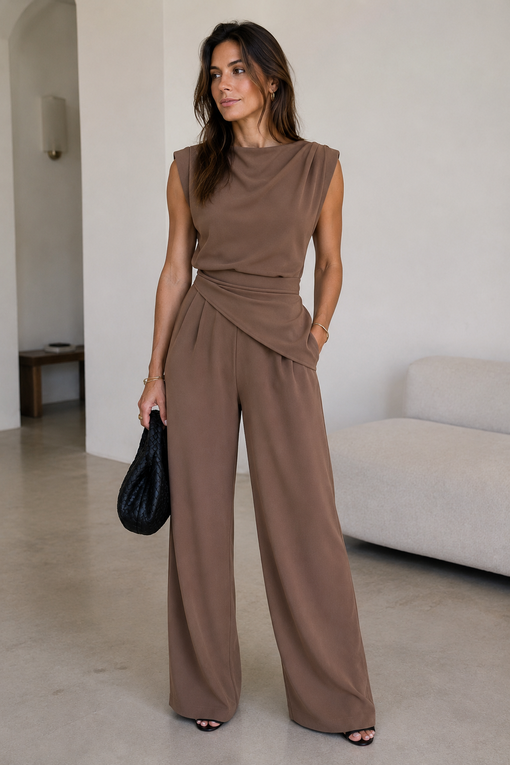 Women's fluid two-piece set with asymmetric draped top and wide-leg trousers