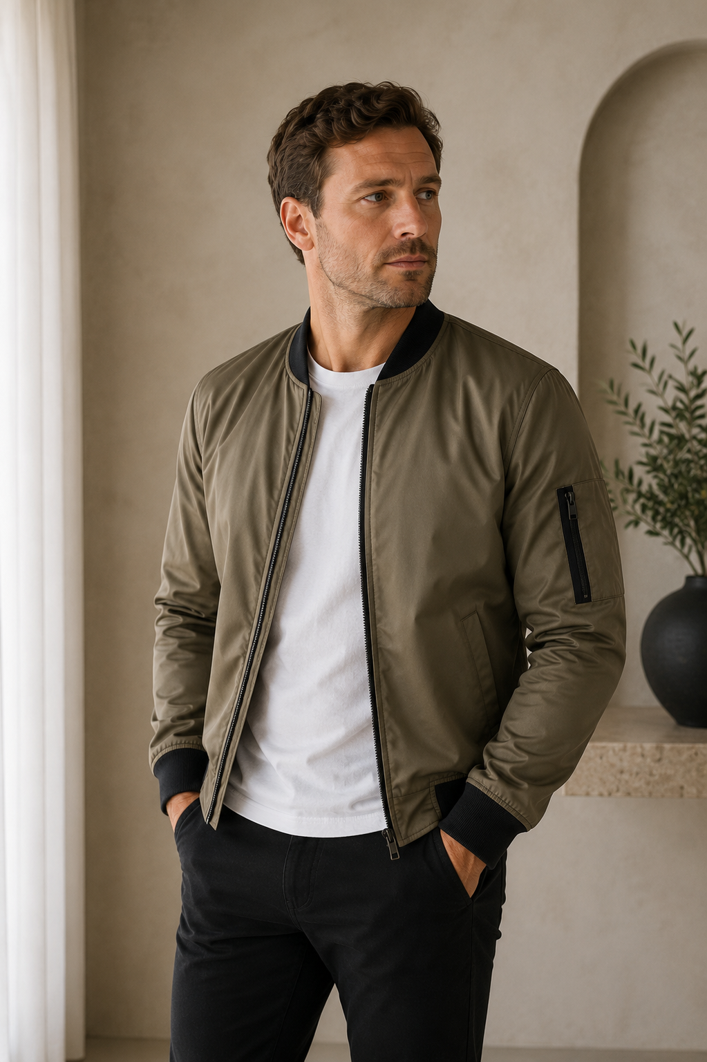 Men's regular-fit bomber jacket with zipper closure and ribbed finishes