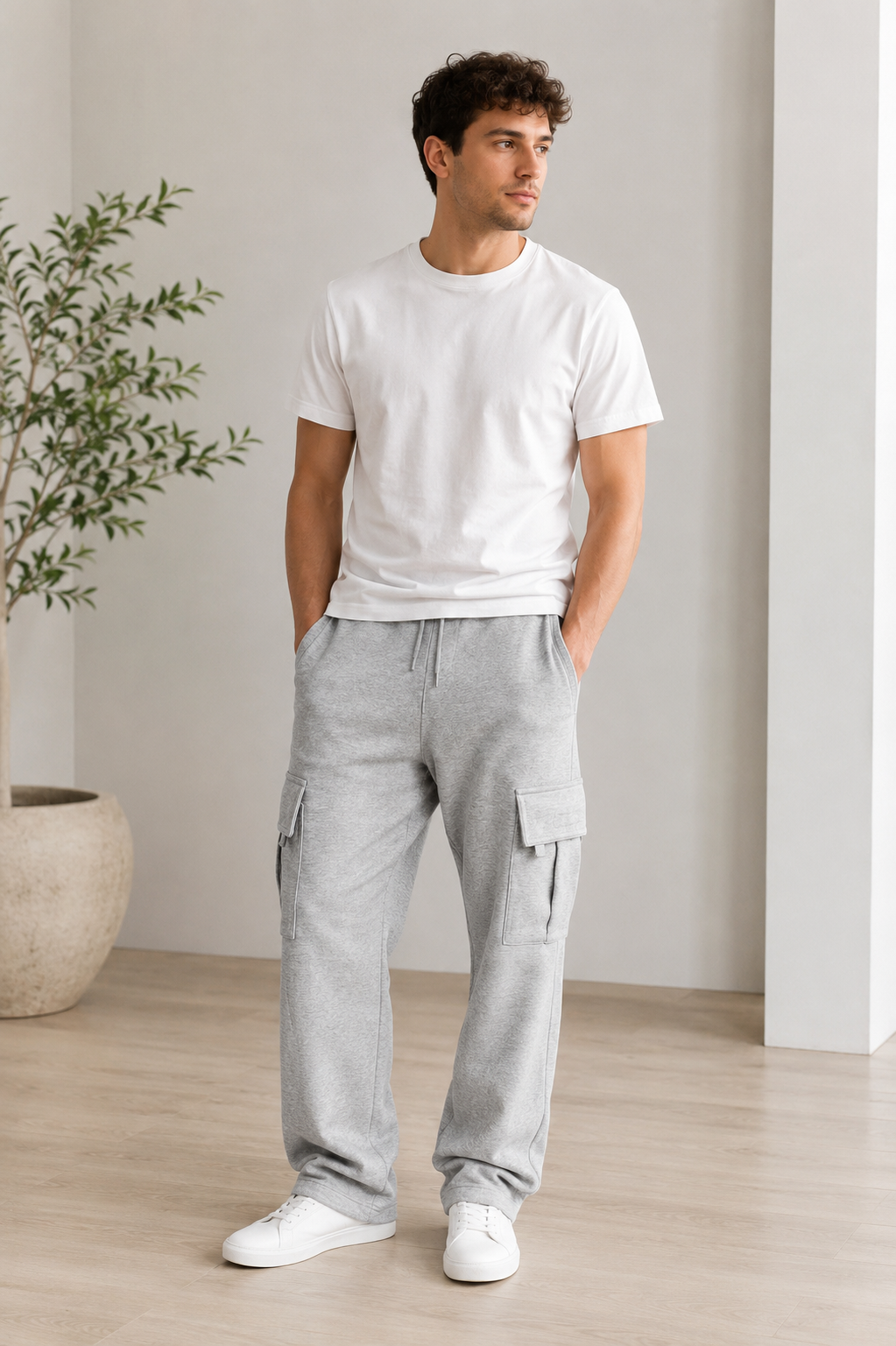 Men's cargo sweatpants with elastic drawstring waist and cargo pockets on the legs