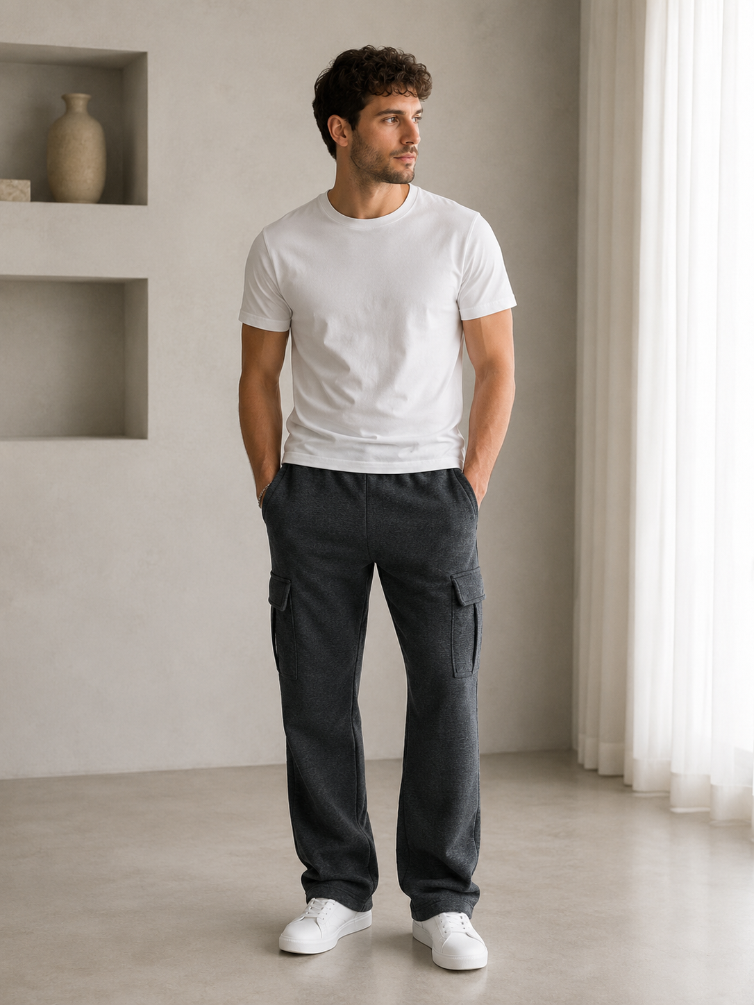 Men's cargo sweatpants featuring relaxed straight-leg fit and side cargo pockets