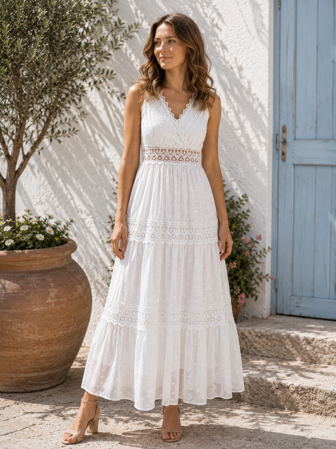 Full-length A-line dress with tiered construction