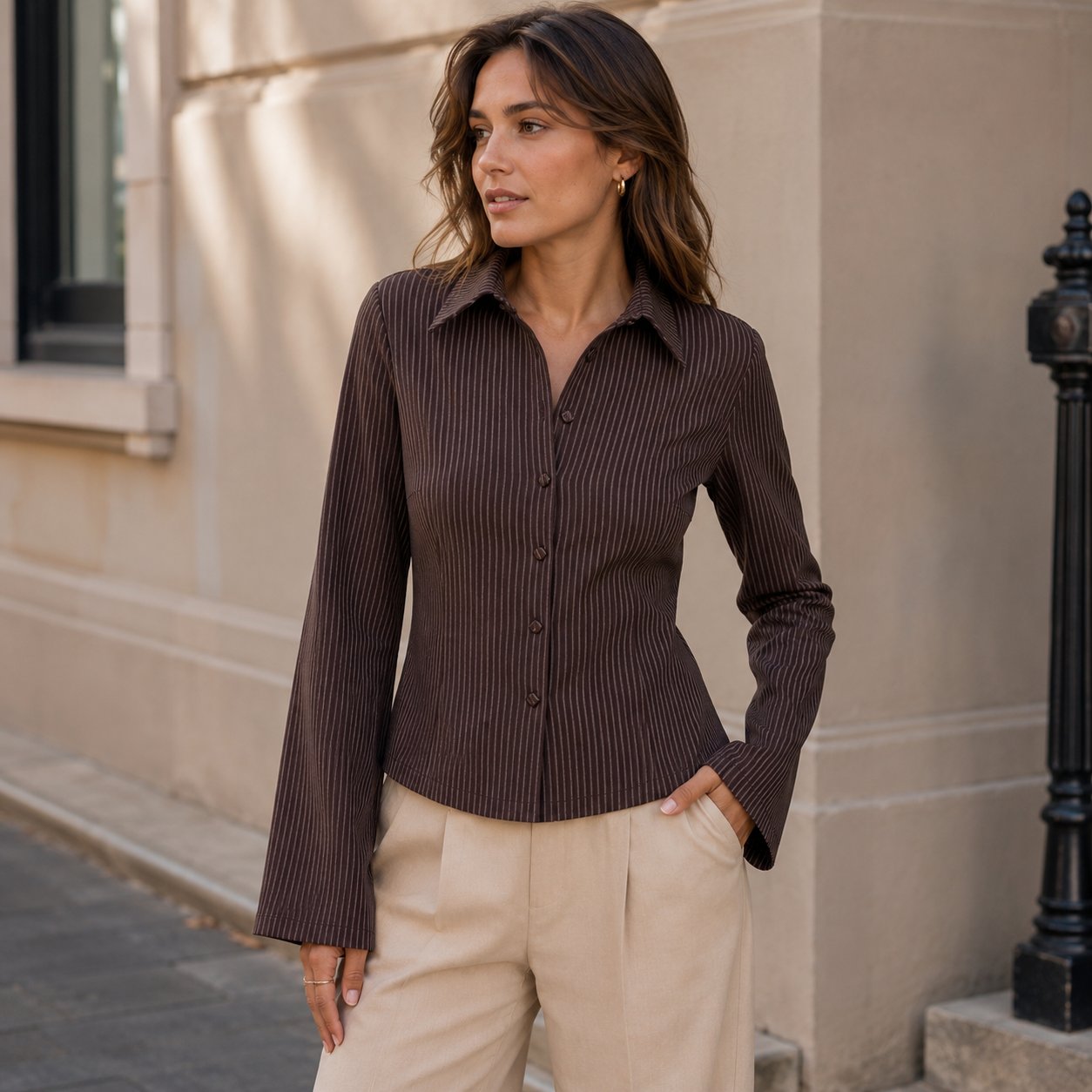 Front view of women's striped flare sleeve button shirt