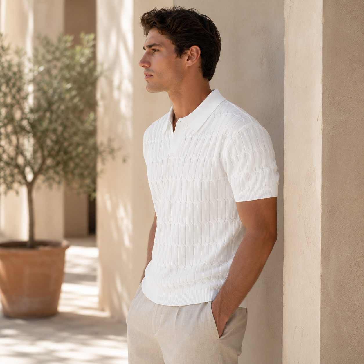 Men's knit polo shirt with open collar neckline