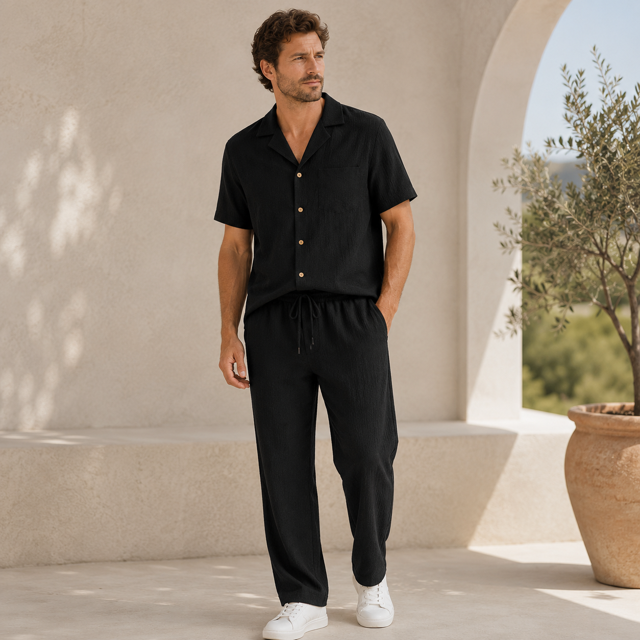 Men's camp collar shirt and drawstring pants set