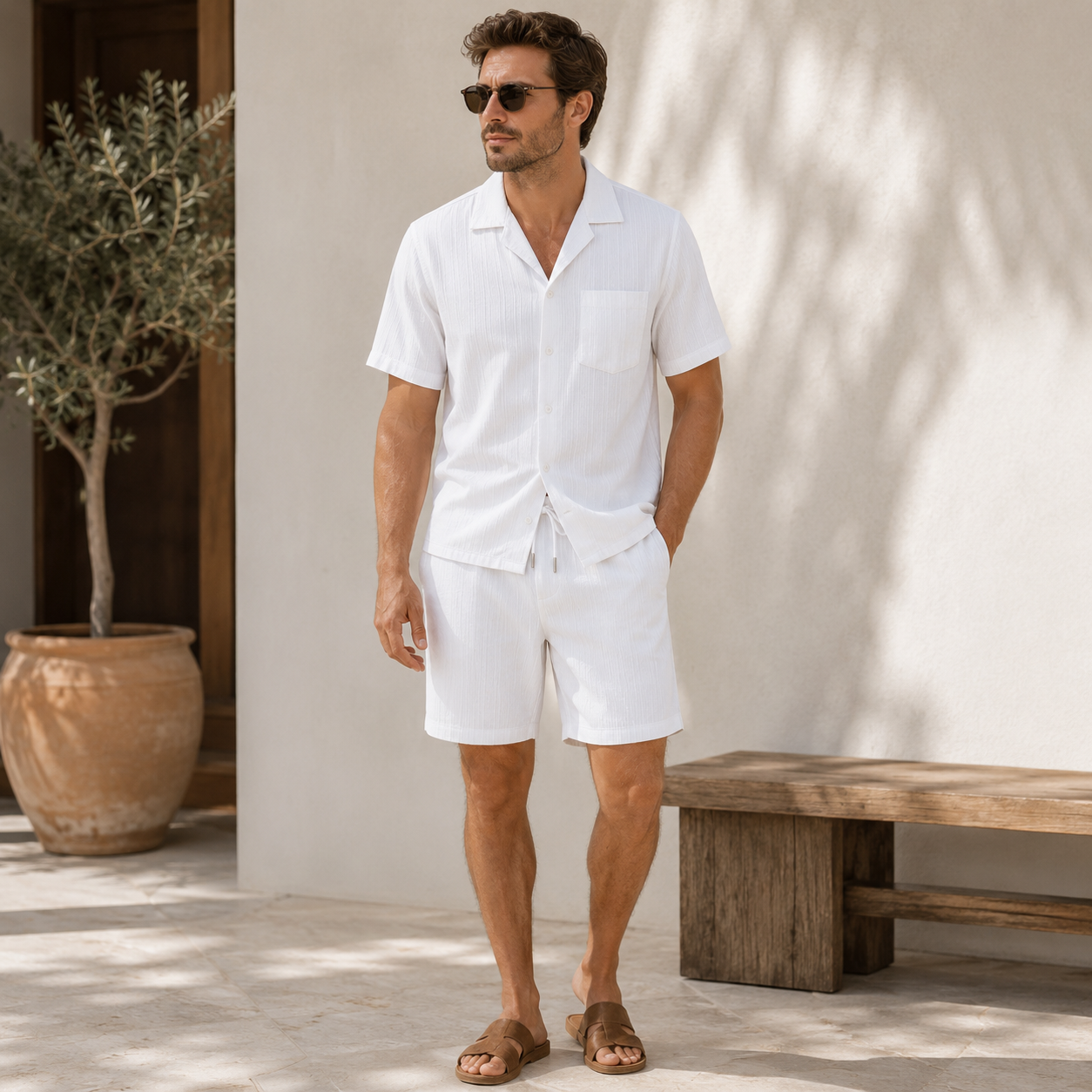 Short sleeve shirt set with open collar for men