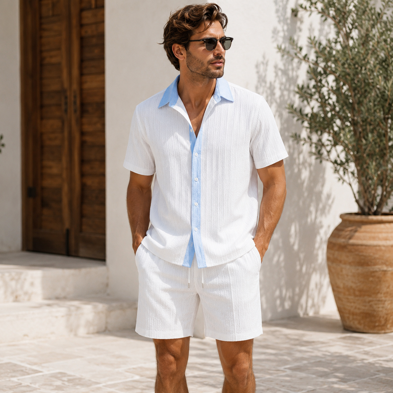Men's two-piece striped shirt and matching shorts set