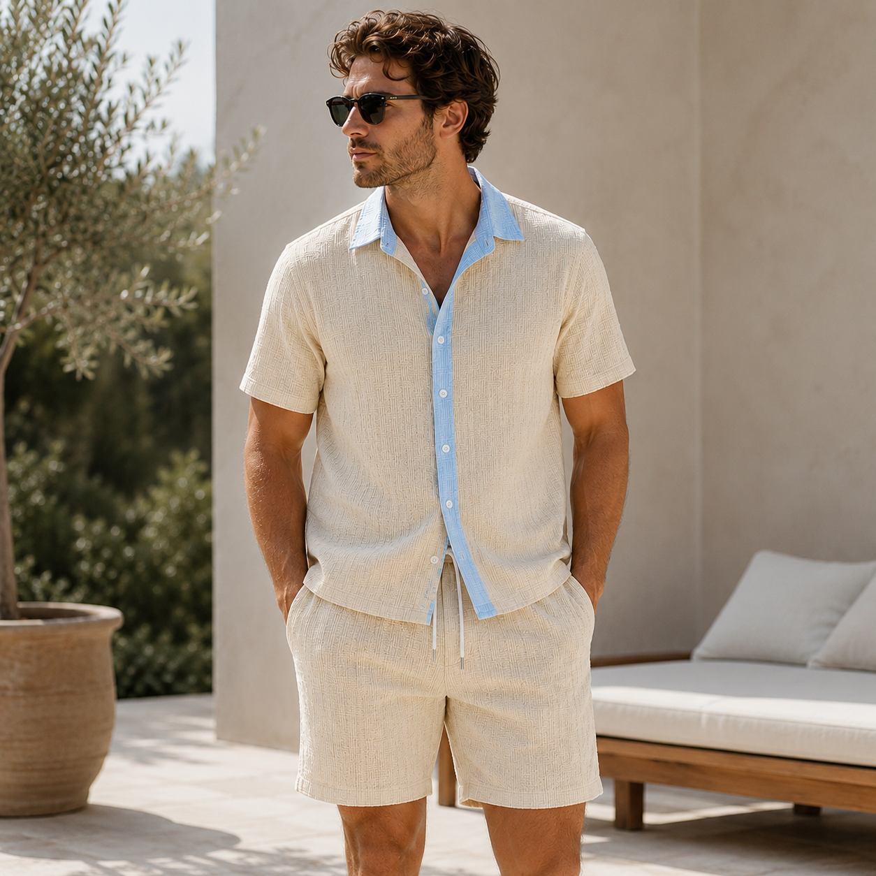 Men's matching striped outfit with drawstring shorts