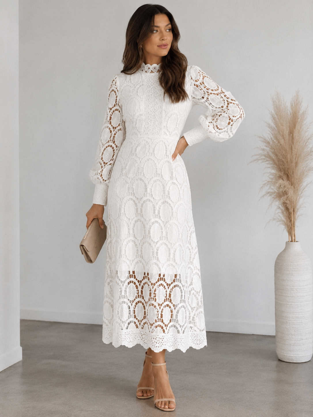 Lace Stand Collar Long Sleeve Midi Dress Women