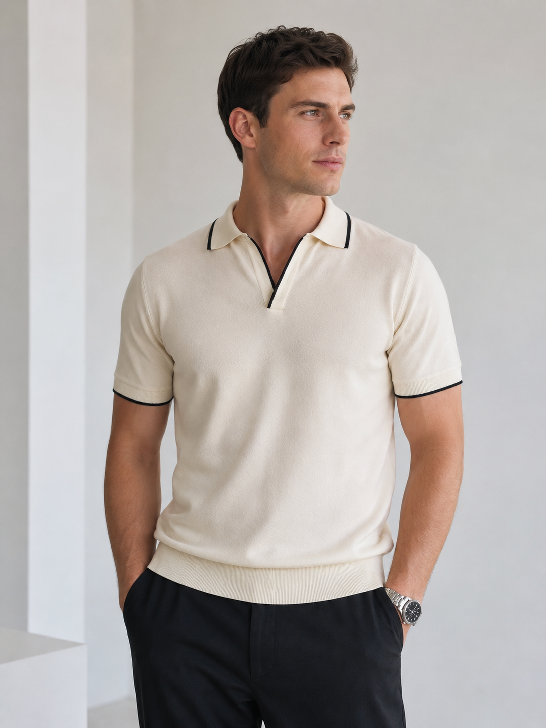 Men's polo shirt with open placket and contrast trim