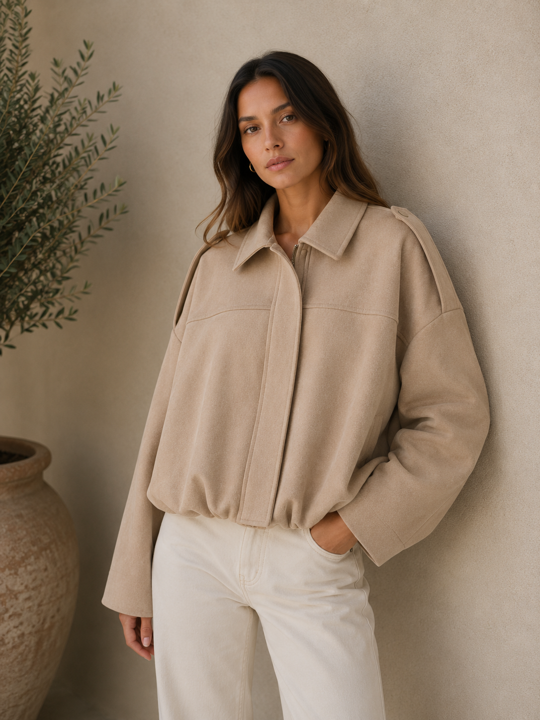 Oversized women's jacket with a cropped length and clean modern design