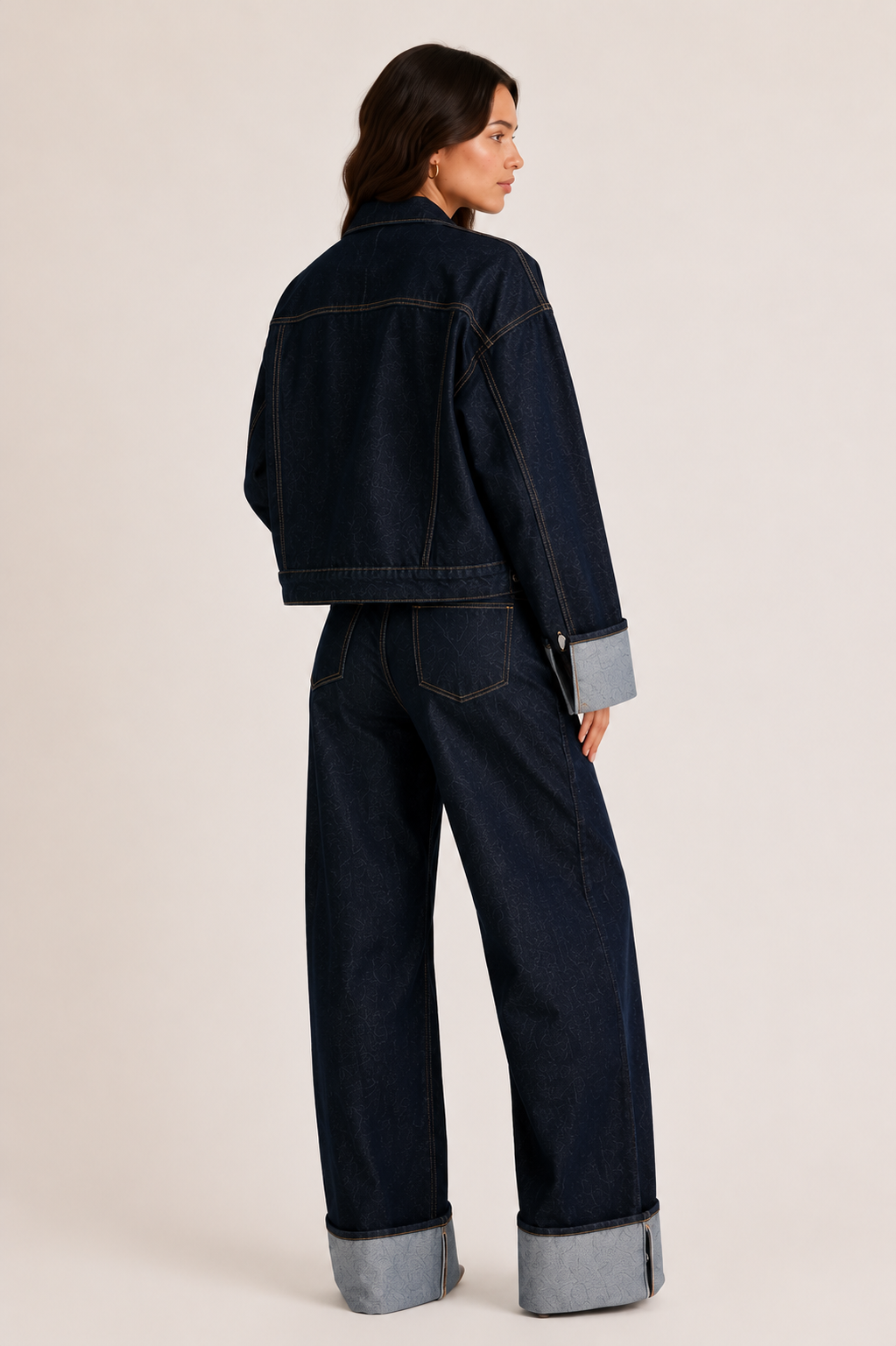 Denim set with cropped jacket and wide-leg jeans for women