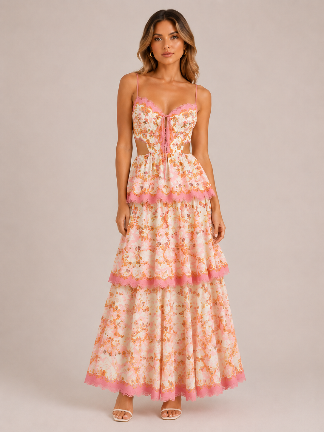 Patterned Maxi Dress with Ruffles for Women