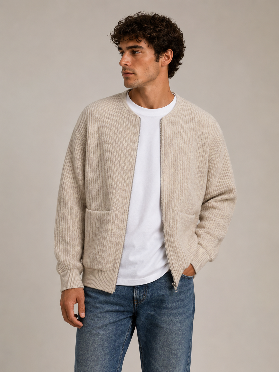 Men's ribbed zip cardigan with front zipper and round neckline, worn over a T-shirt