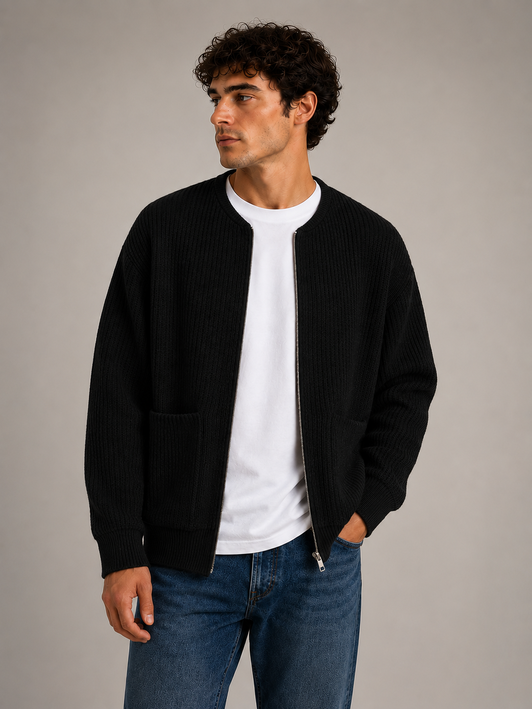 Men's ribbed zip cardigan back view showing structured knit and relaxed regular fit