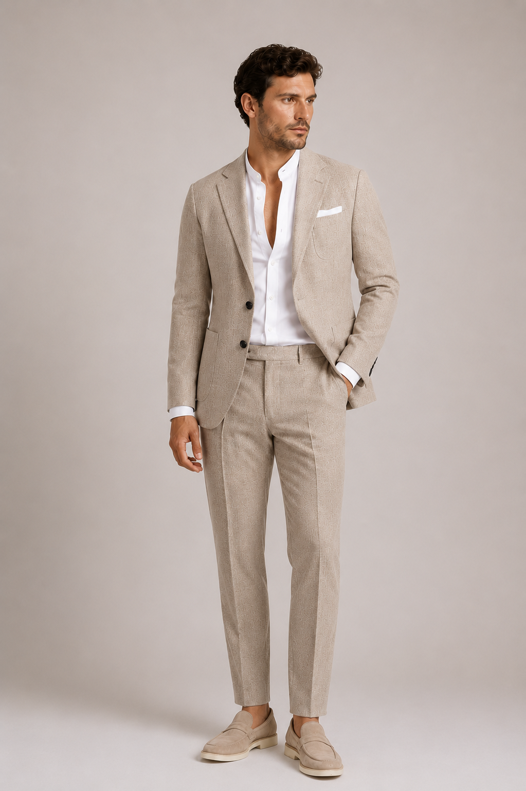 Men's tailored suit set jacket and trousers displayed together, back or full-length view
