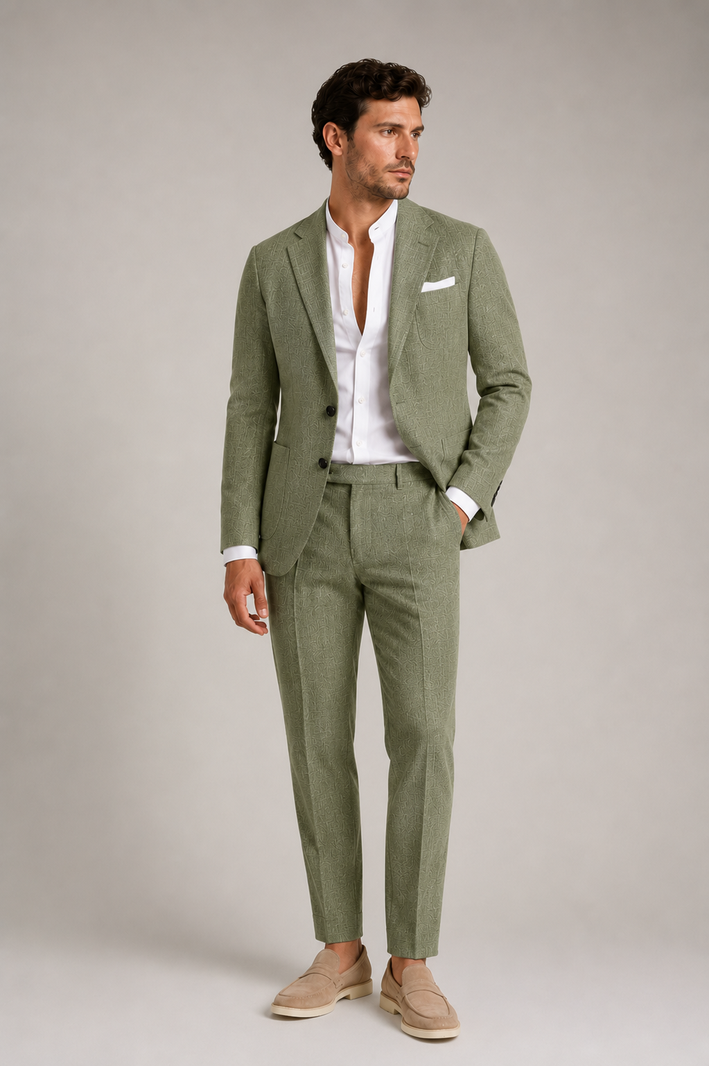 Men's tailored jacket with notch lapel collar and front button closure, three-quarter view