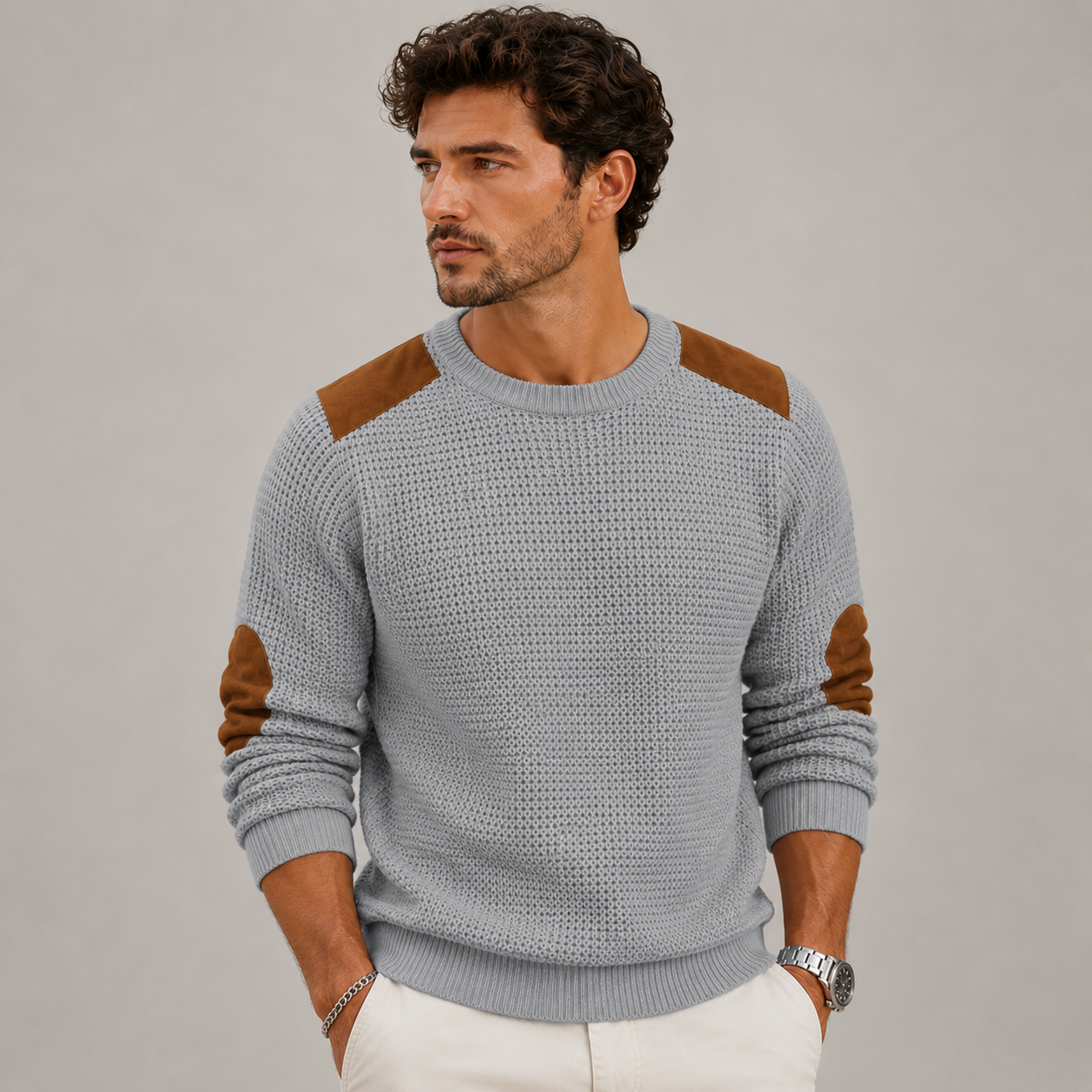 Men's knit sweater full-length view with contrast elbow patches and crew neckline